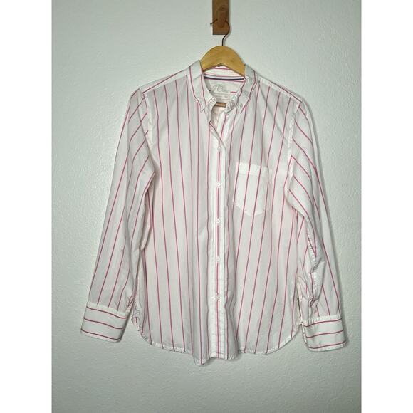 J. Crew White Pink Striped Poplin Button Up Shirt Size 10 Preppy Classic Casual - Picture 1 of 4
